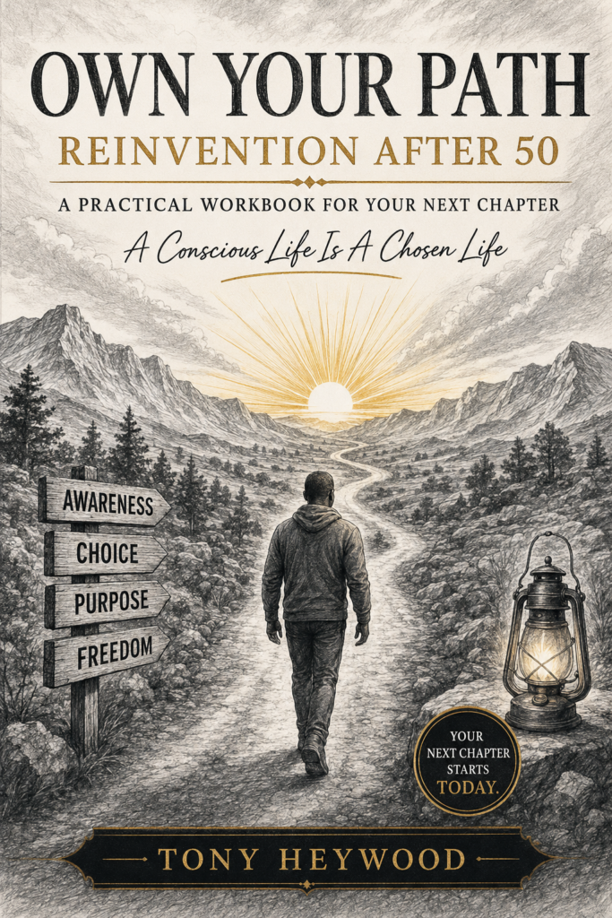 Own Your Path: Reinvention After 50 workbook cover featuring a sunrise path, guided self-discovery, and personal growth journal by Tony Heywood