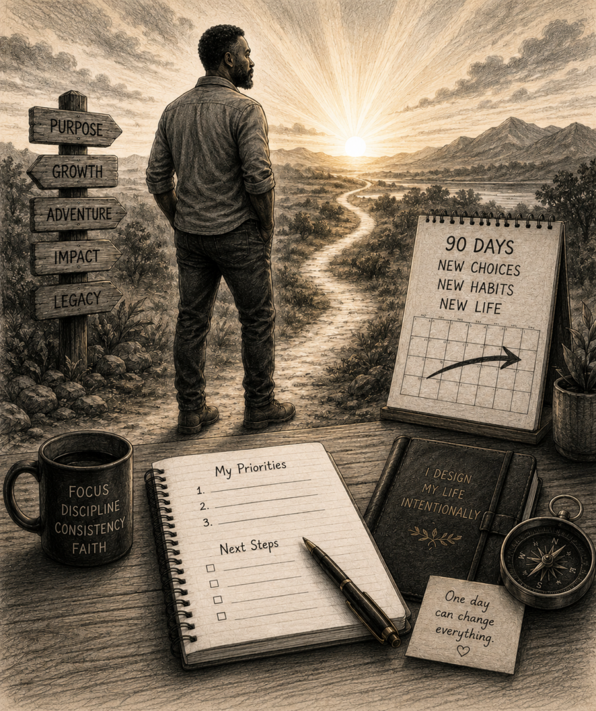 Person standing at a crossroads facing a sunrise, symbolizing personal growth, life transition, intentional choices, and a new beginning.