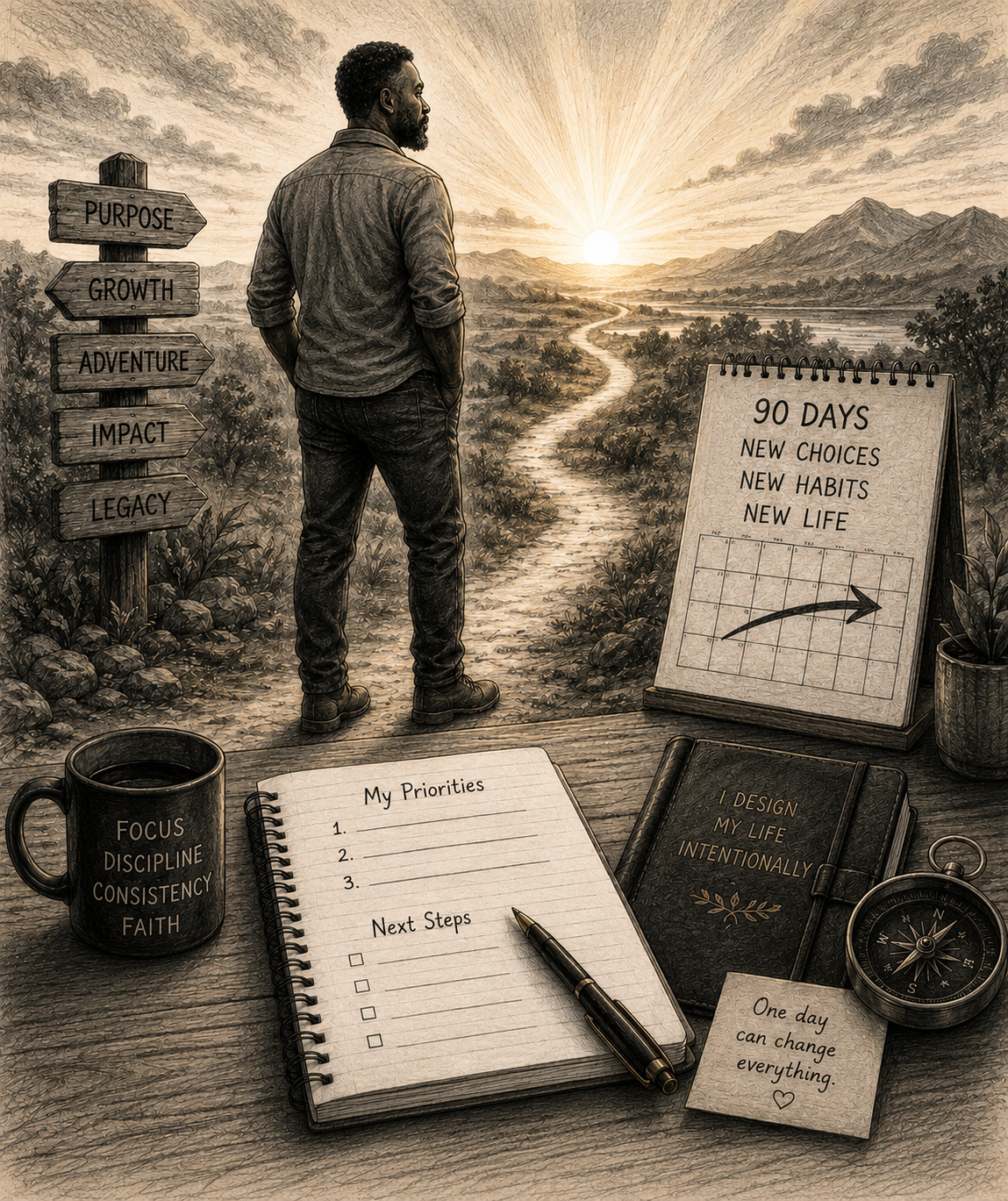 Home Illustration of a man standing at a crossroads at sunrise beside a 90-day planning journal, symbolizing personal growth, intentional living, and life reinvention.